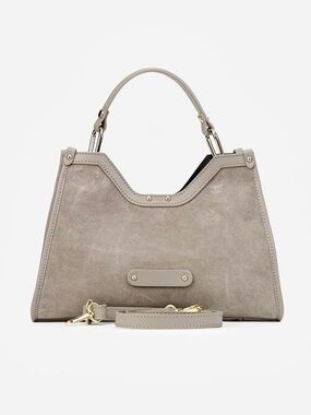 Structured Taupe Suede Shoulder Bag with Top Handle